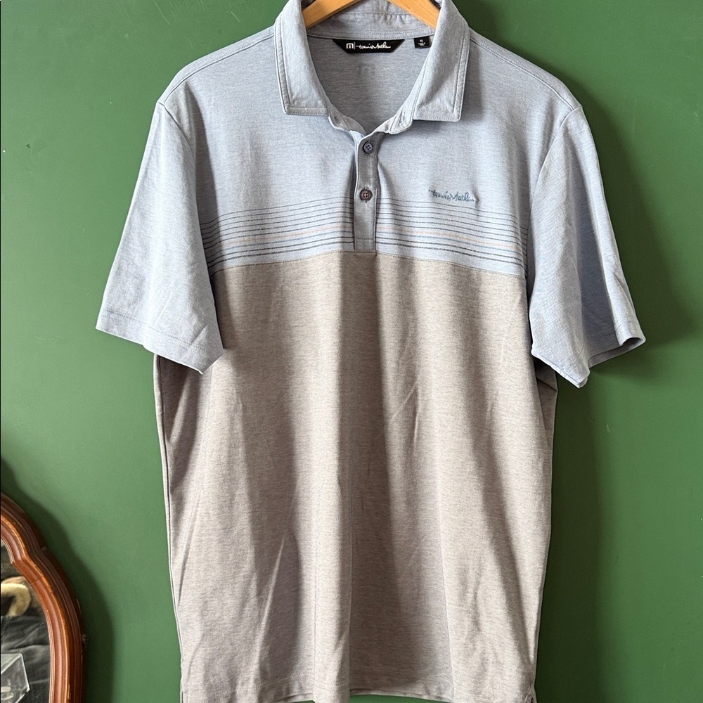 Travis Mathew Mens XL Blue & Grey Colorblock Polo Shirt Golf Activewear